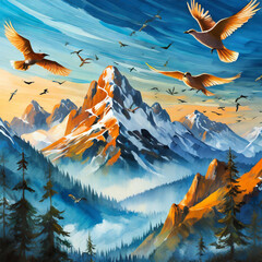 산에서 날라다니는 새들  - obrazy, fototapety, plakaty