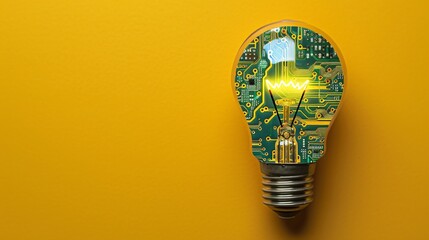 a circuit-printed light bulb symbolizing innovation and technology on a vivid yellow background, blending digital computing with business creativity - obrazy, fototapety, plakaty