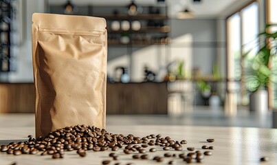 Brown Kraft Paper Coffee Bag with Coffee Beans on Wooden Table in Sunlit Cafe