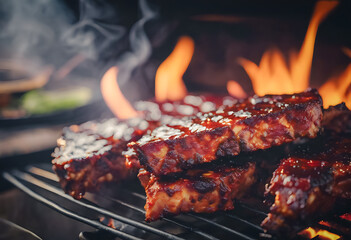 Juicy barbecued ribs with a smoky flavor, cooking on a grill with flames in the background. - obrazy, fototapety, plakaty