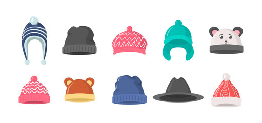 Collection of winter or autumn hats in flat style. Knitted hat, caps for girls and boys in cold weather isolated on white background. Web page design element icon. Vector illustration