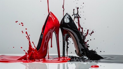 a red and black high heeled shoes with liquid splashing - obrazy, fototapety, plakaty