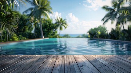 Fototapeta na wymiar a hyper-realistic, minimalist image of an empty wooden deck with a tropical swimming pool in the background, evoking summer vibes