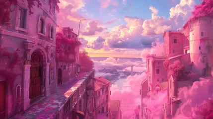 Crédence de cuisine en verre imprimé Rose  Pink street of the pink city with pink clouds and skyes. Pink city concept