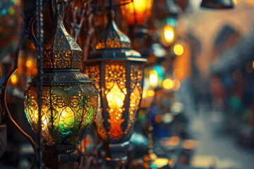 Traditional lanterns glowing warmly in a market - obrazy, fototapety, plakaty
