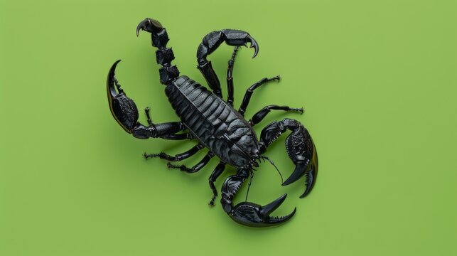 Black scorpion on a green background. Dangerous insect. Sting with poison.