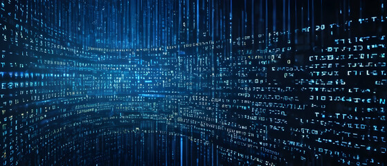 Binary Code Matrix. Digital Data Stream. Cyber Technology. Elegant Blue Coding Panorama Background