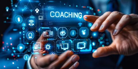 Concept of career coaching & professional development, person interacting with holographic icons representing various aspects of career growth, mentoring, skill enhancement by technology integration