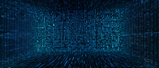 Obraz premium Binary Code Matrix. Digital Data Stream. Cyber Technology. Elegant Blue Coding Panorama Background