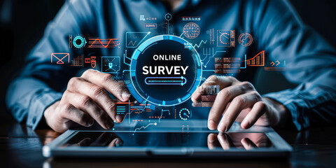 The concept of an online survey displayed through digital icons, where a person is shown interacting with a laptop, symbolizing the digital collection of data and feedback from participants remotely