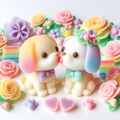 a cute wedding couple puppy in kissing made of pastel color rainbow gummy candy with flowers around on a white background