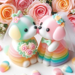 Fototapeta na wymiar a cute wedding couple puppy in kissing made of pastel color rainbow gummy candy with flowers around on a white background
