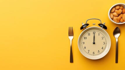 Top and flat view of putting an alarm clock on a plate with a yellow color background. With copy space to add text. Concept of setting a meal clock and diet program