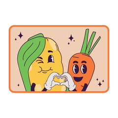Vector patch sticker poster portrait of cute smiling corn and carrot with heart symbol folded from hands - 773180186