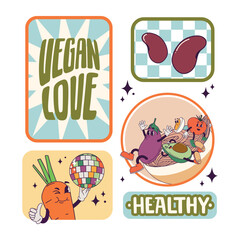 Vector set of bright vegetable stickers. Hand drawn poster for propaganda of healthy eating 