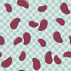Vector retro seamless pattern with red beans scattered on light blue chess tablecloth