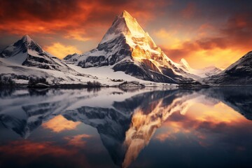a mountain with snow and a lake