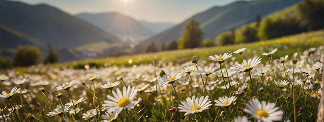 A pastoral scene straight from a storybook, where sun-kissed hillsides are embellished with blooming daisies, capturing the essence of spring and summer.