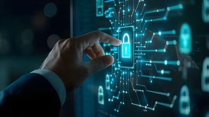 Closeup of a hand touching a button with a digital padlock icon on a hologram screen, depicting the concept of security and cyber safety for business technology or data protection.