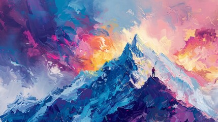 an abstract acrylic painting of Mont Blanc mountain with a mountaineer battling a storm, featuring bold strokes and vibrant colors - obrazy, fototapety, plakaty