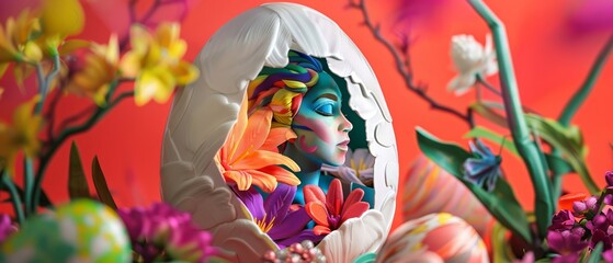 A colorful 3D sculpture hidden within an Easter egg, waiting to be unveiled at a festive event