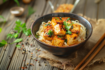 Bowl of roasted tofu noodles, focusing on the succulent dice of tofu on an aged wooden table background.