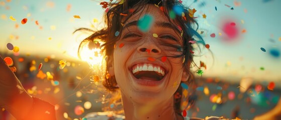 Happy, wonder, and joy people, close-up of friends throwing colorful confetti in the air, vibrant expressions of laughter and surprise, captured at sunset - obrazy, fototapety, plakaty