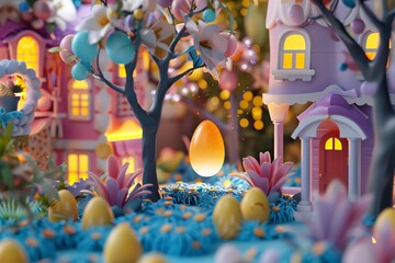 Create a 3D artwork featuring an Easter Egg hidden within a festive scene