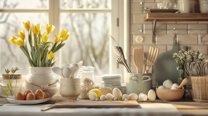 A kitchen counter topped with lots of dishes and utensils