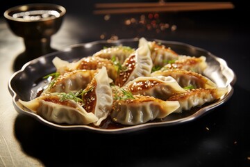 Refined gyoza on a porcelain platter against a polished metal background