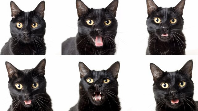 A series of photos of a black cat with yellow eyes