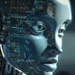 AI robot being programmed, with quantum technology over its face.