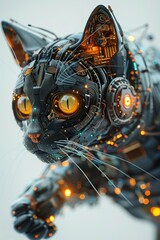 A playful 3D cyberpunk cat with whimsical robotic limbs and glowing circuitry