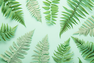 Fototapeta na wymiar Circular arrangement of green fern leaves on light green background with copy space