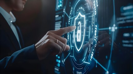 Closeup of a hand touching a button with a digital padlock icon on a hologram screen, depicting the concept of security and cyber safety for business technology or data protection.