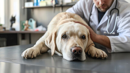 Labrador at vet clinic. The  veterrinarian examinated a dog on the table. Vet giving a dog a check up. Health care and prevention in hospital.  - obrazy, fototapety, plakaty
