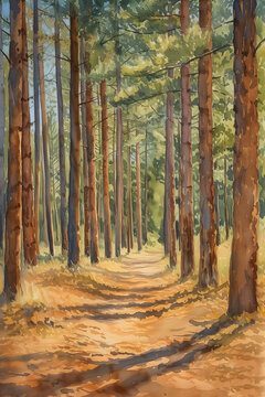Watercolor painting of a large forest full of tall trees.