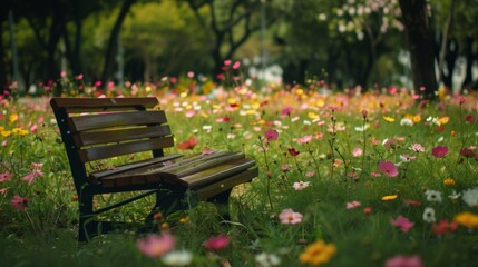 A park bench sitting in a field of flowers - obrazy, fototapety, plakaty