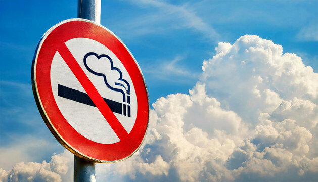 Close-up of a modern smoking prohibited sign. No smoking road sign against a clear blue sky and clouds with copy space. Generative Ai.