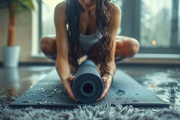 Young woman rolling a yoga mat at home close up shot