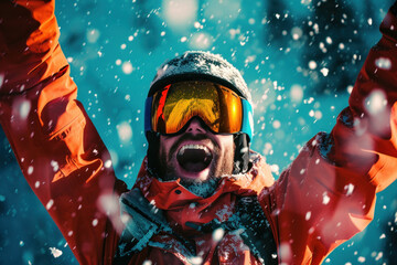 Excited man in orange ski jacket raising arms in snowy landscape on a winter day