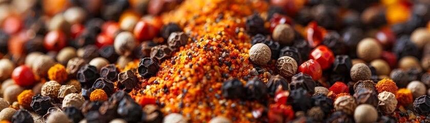 A close view of mixed scattered spices - obrazy, fototapety, plakaty