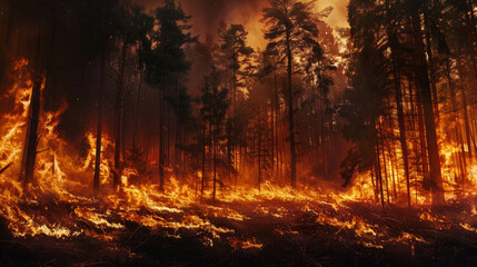 Large flames of forest fire. Ecological catastrophy. - obrazy, fototapety, plakaty