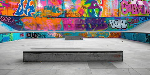 Colorful Graffiti Skate Park with Bench in Urban Setting