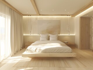 There is a large bed with banner painting, light white and beige