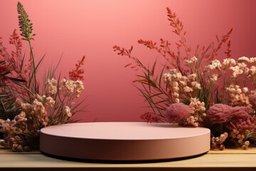 Fototapeta na wymiar Product display podium with pink floral background.