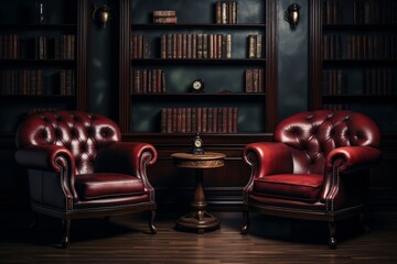 a room with red chairs and a table with books - obrazy, fototapety, plakaty