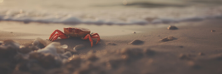 Close-up view of a vibrant red crab on a sandy beach at sunset, with the foam of the ocean waves in the background - obrazy, fototapety, plakaty