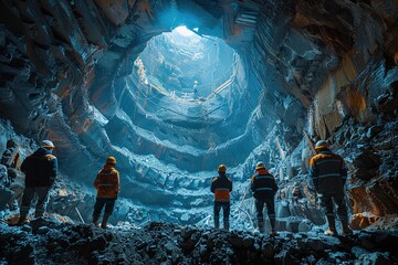 Construction workers reaching underground waters with machines