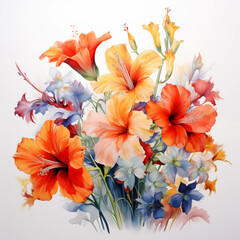 Watercolor painting of beautiful bushes of colorful flowers.